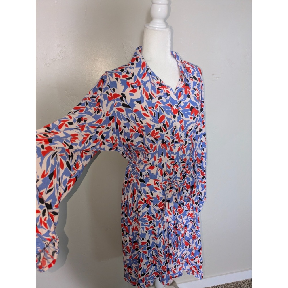 Well Worn Shirt Dress XL Blue Red Abstract Leaf Print Tie Waist Office Bohemian - Picture 4 of 10